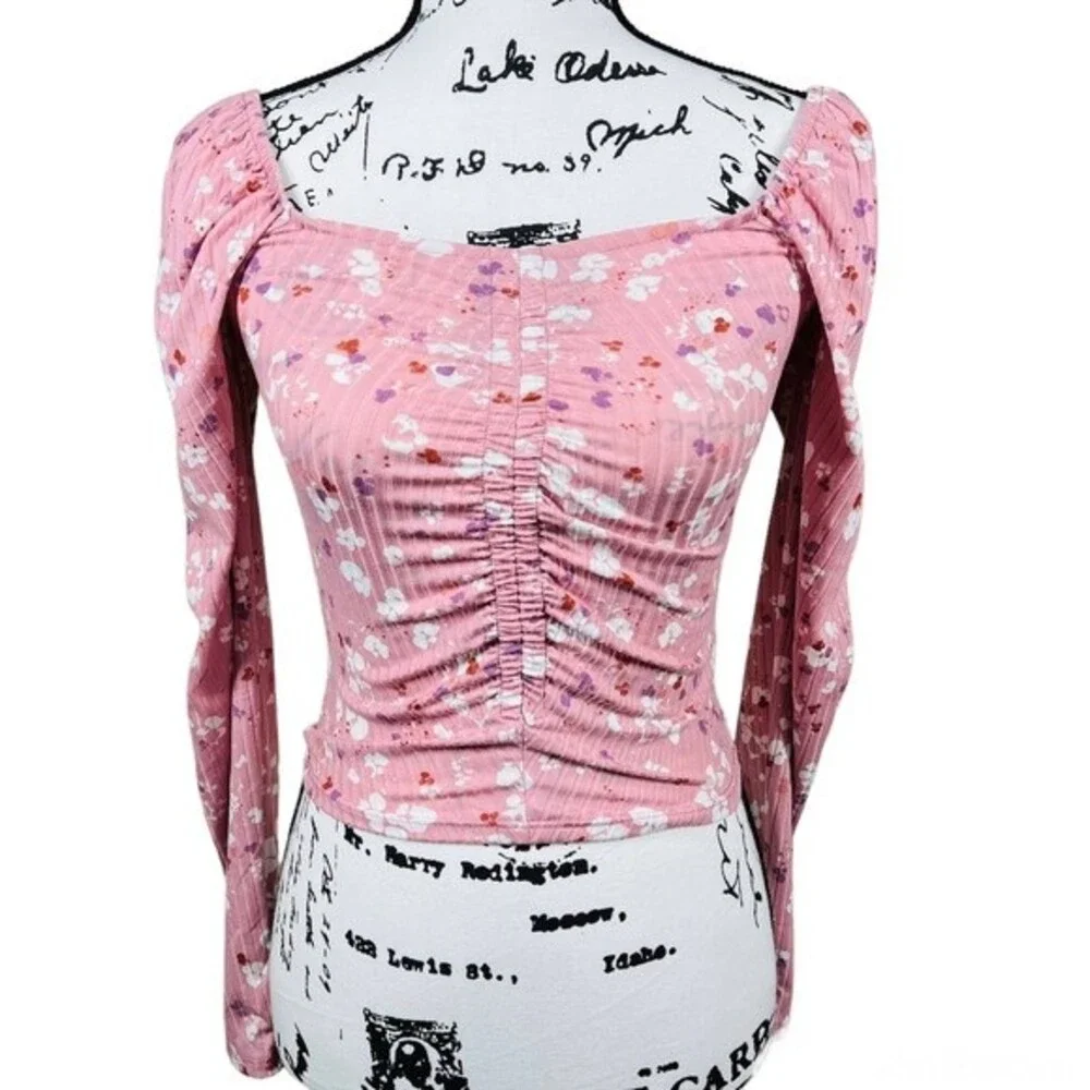 Antistar Pink top White floral  print long sleeve front ruched crop top size S